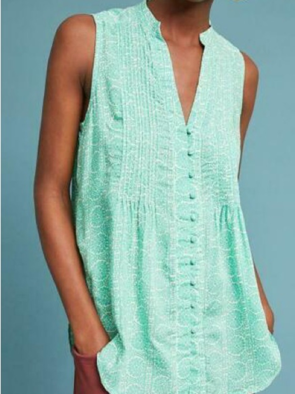 Maeve Mint Green Pintuck Button-Front Sleeveless Top